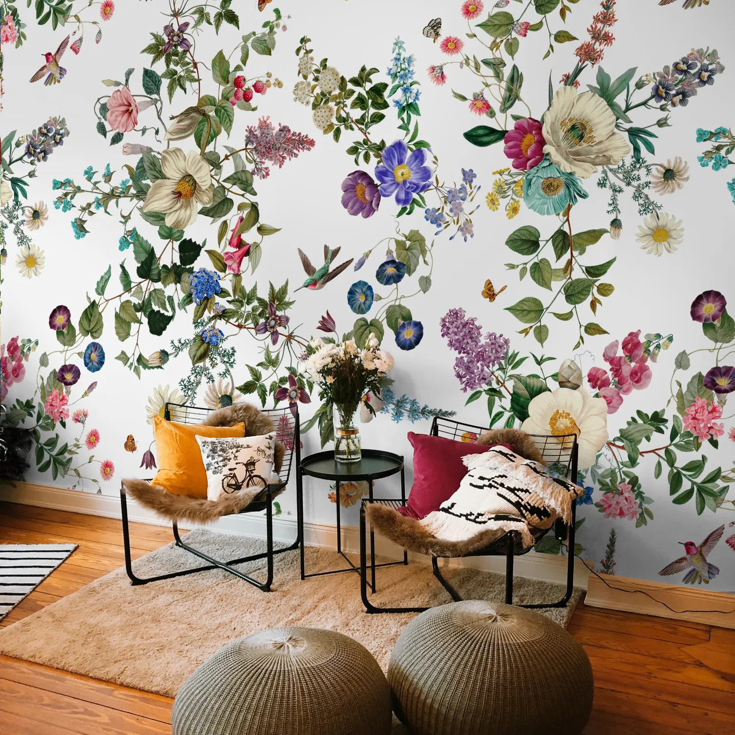 Botanical Flowers Floral with Birds Wallpaper Mural - Peel and Stick