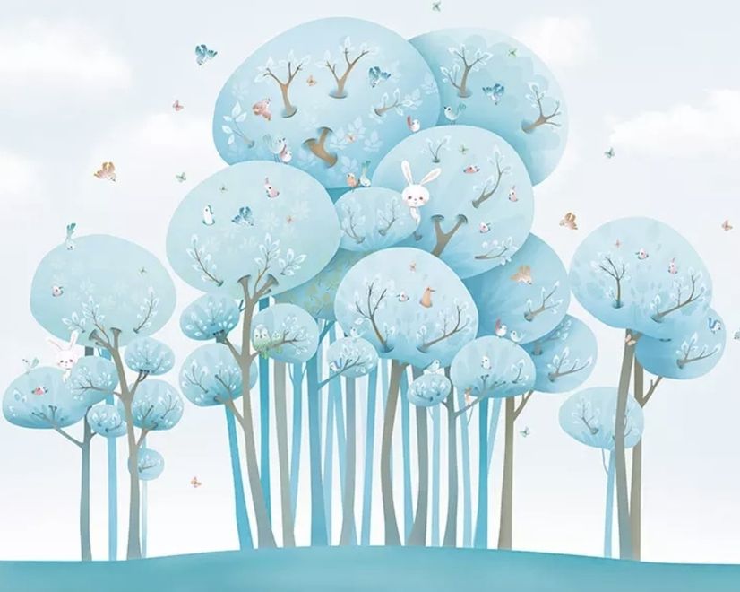 Aquarell Cartoon Blauer Waldlandschaft Fototapete