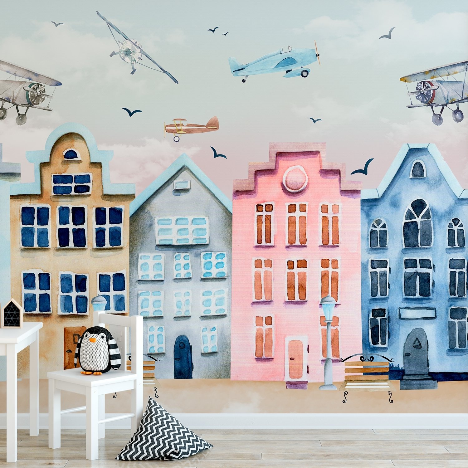 Helicopters on Colorful Amsterdam Style Houses Wallpaper Mural - Peel and Stick