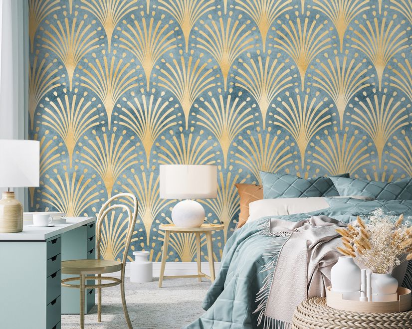 Modern Eau De Nil Art Deco Gold Lines Wallpaper Mural