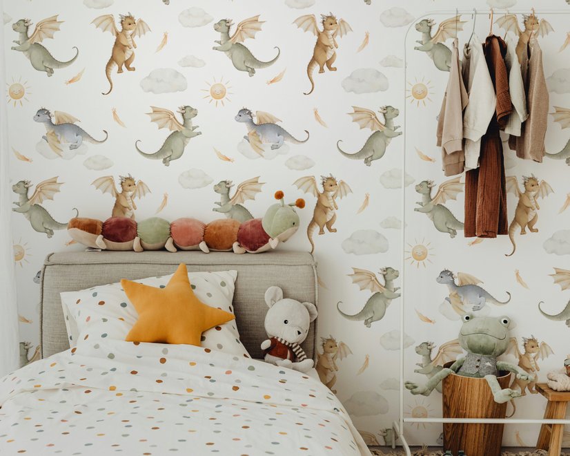 Kids wallpaper with sage, caramel and blue-gray watercolor dragons, clouds, sun and stars on white