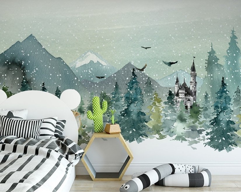 Papier peint paysage d'hiver aquarelle et renard