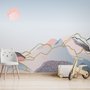 Papier Peint Panoramique Montagne Colorée avec Soleil Rose