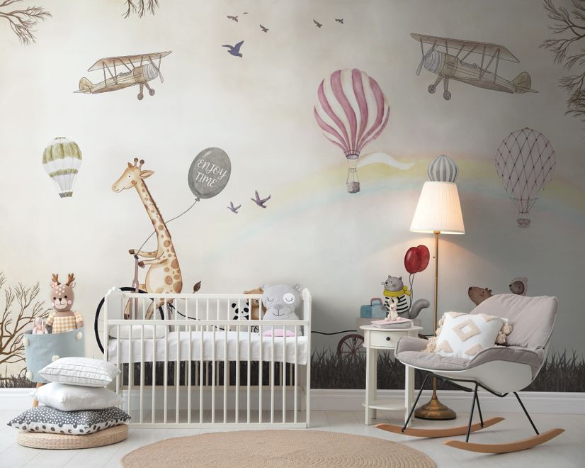 Vintage Hot Air Balloon and Rainbow Wallpaper Mural
