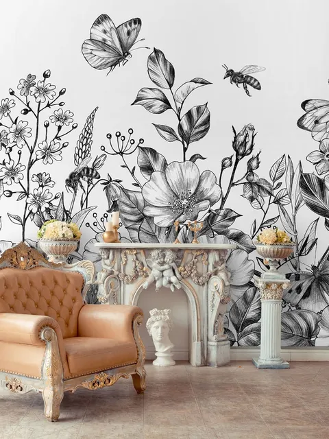 Schwarz-Weiß Blumen Fototapete