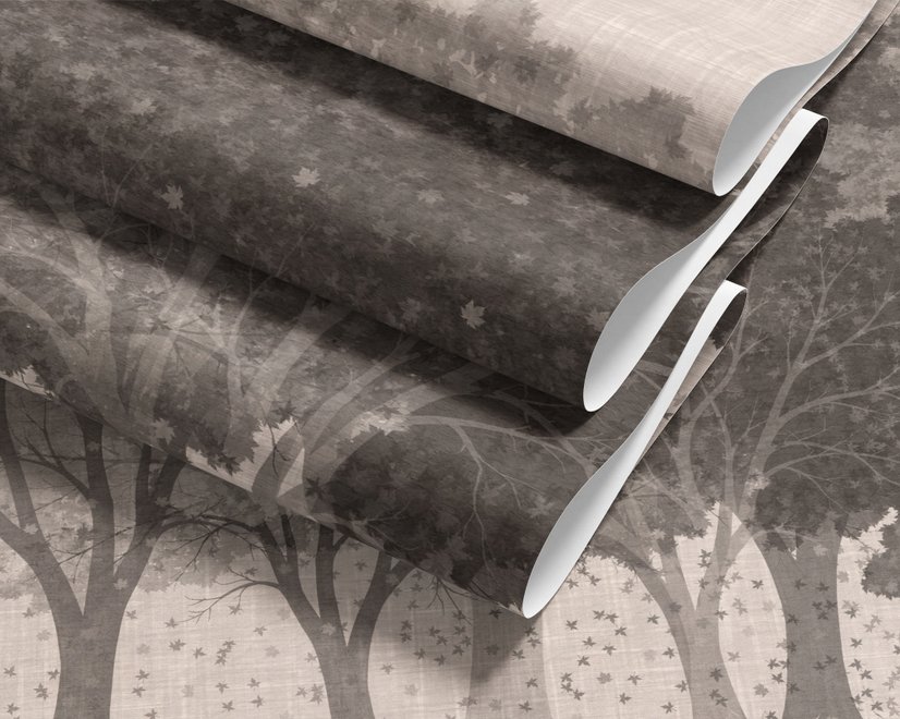 Misty forest nature wallpaper mural in greige, taupe and charcoal watercolour with birds