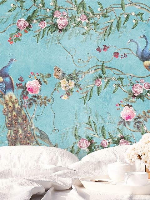 Papier peint Paon avec fleurs de pivoine