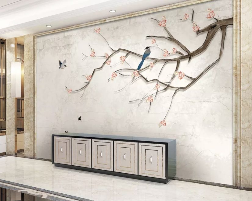 Colorful Birds and Cherry Blossom Tree Wallpaper Mural