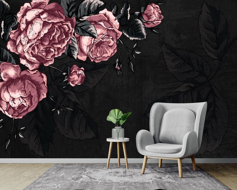 Dark Floral Peony Flower Drawing Wallpaper Mural