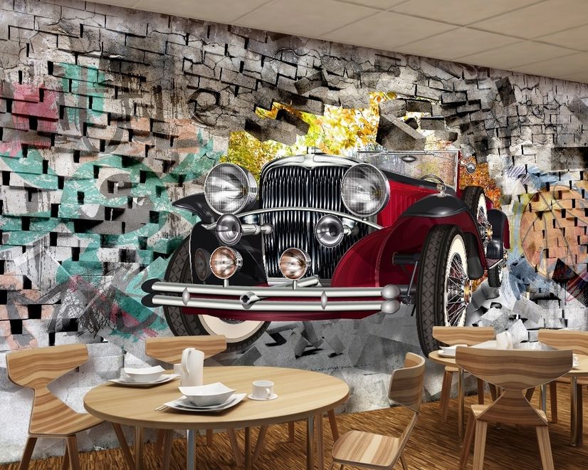 Vintage Car with Graffiti Brick Wallpaper Mural