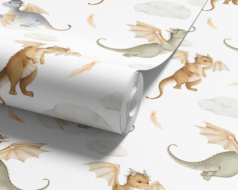 Kids wallpaper with sage, caramel and blue-gray watercolor dragons, clouds, sun and stars on white