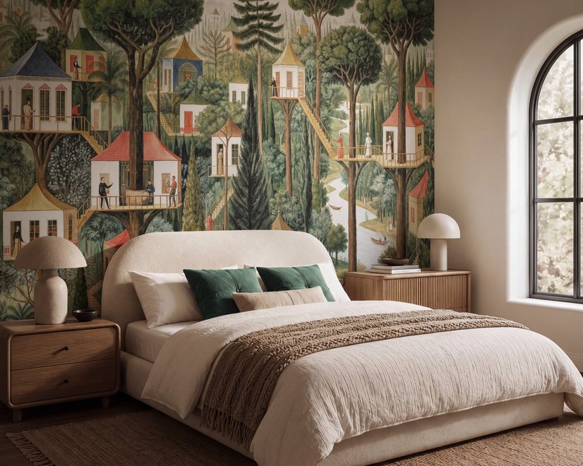Architectural design wallpaper mural of forest treehouses, rivers, boats and small figures in green watercolour
