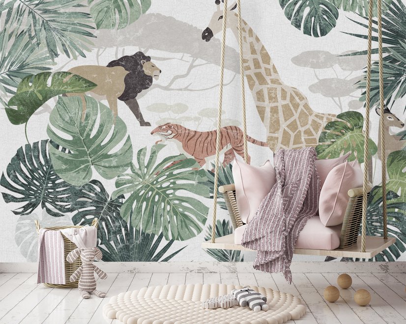Papier peint rétro animaux sauvages et feuilles tropicales