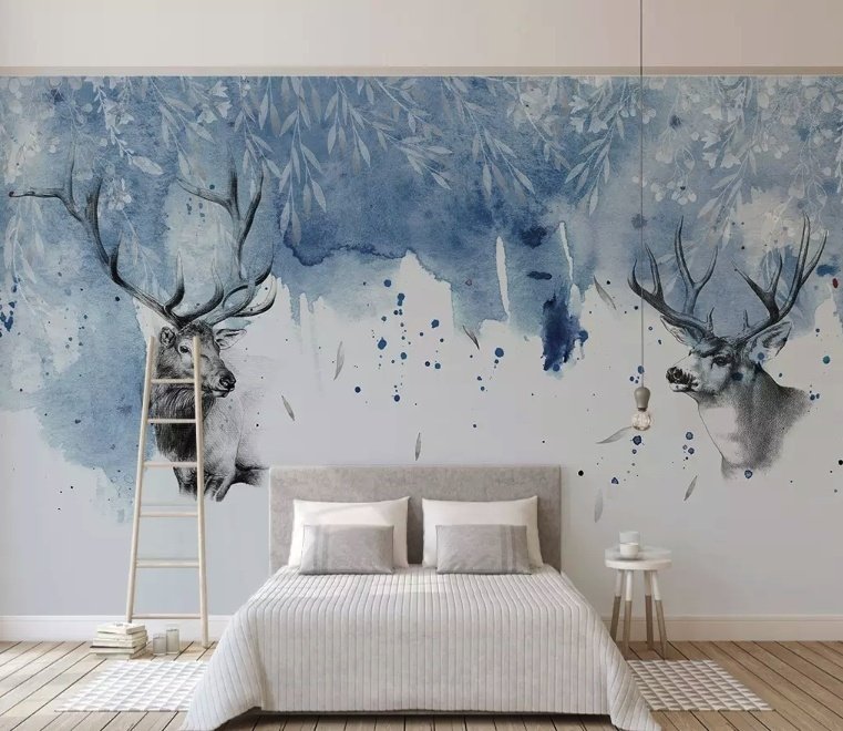 Snow Landscape with Horned Deer Wallpaper Mural - Peel and Stick
