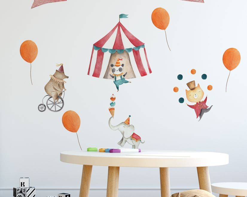 Kids Watercolor Circus with Cute Bear Fox Elephant Panda Wall Decal Sticker