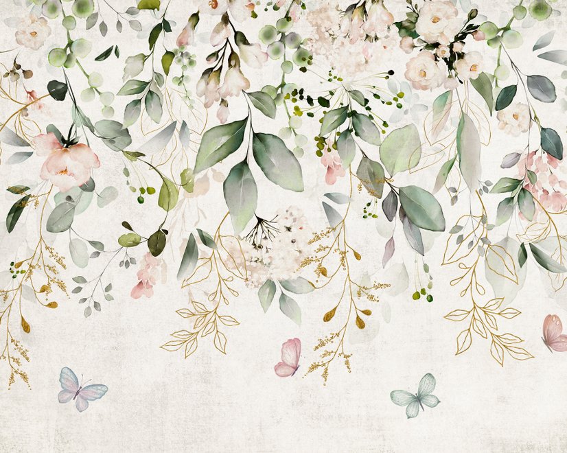 Papier peint aquarelle floral doux avec feuilles vertes