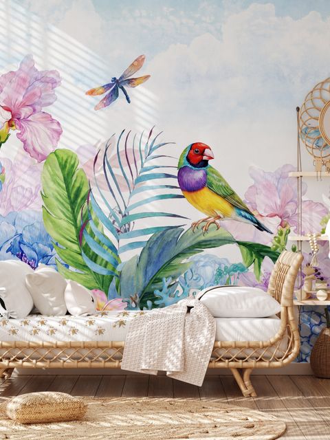Hydrangea and Peony with Parrot Wallpaper Mural