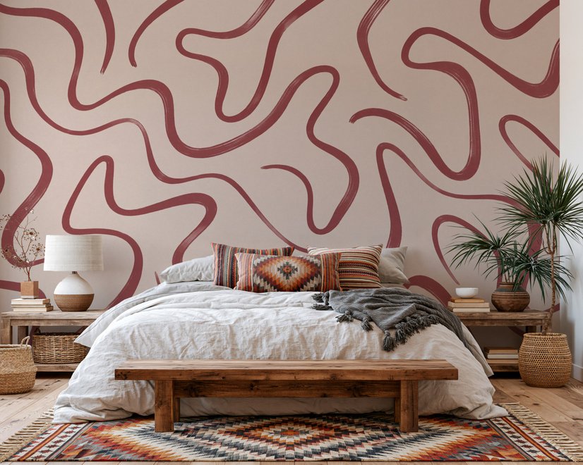 Burgundy-red looping contour lines on blush cream pink wallpaper mural