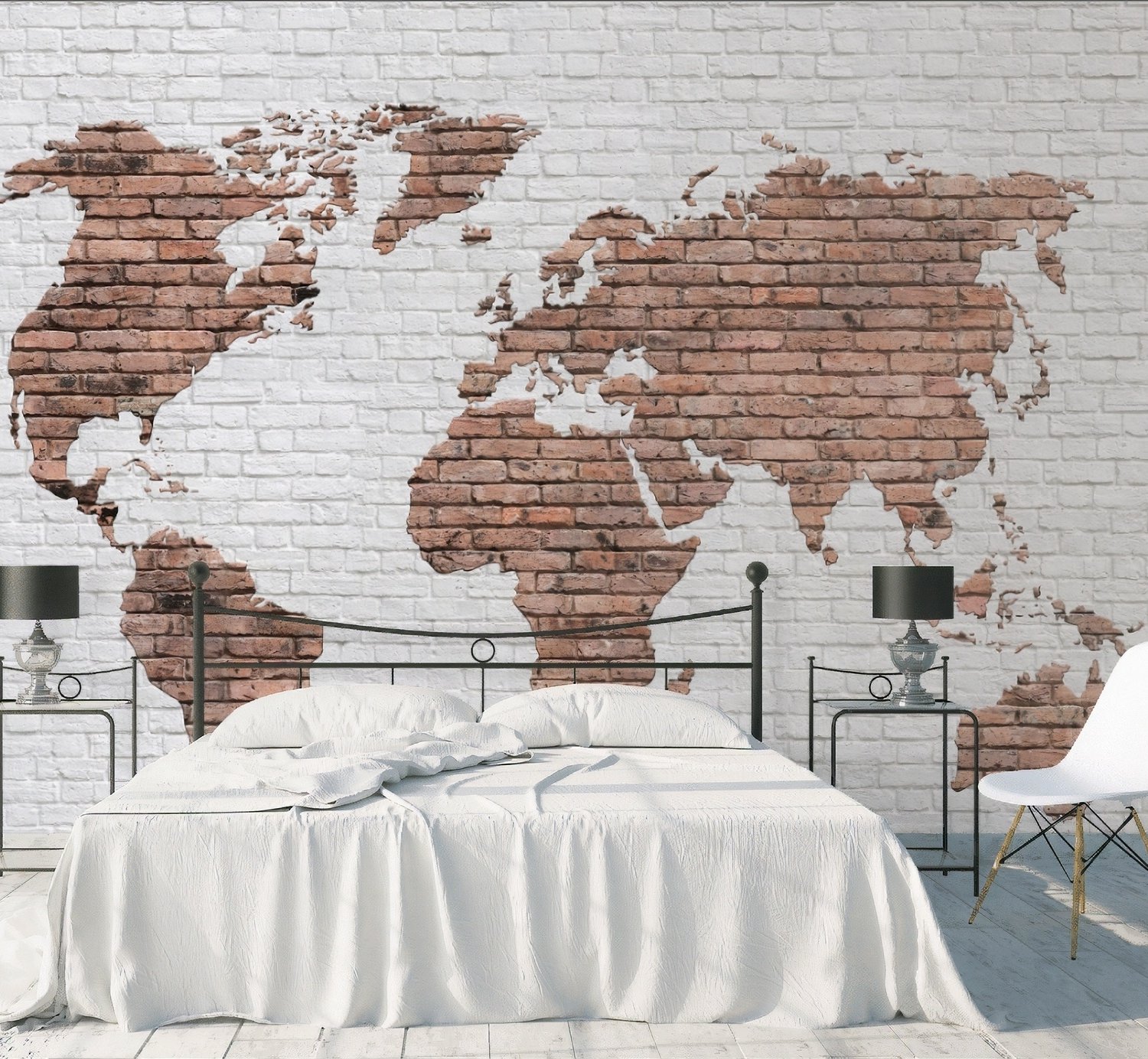 White Brown Brick World Maps Wallpaper Mural - Peel and Stick