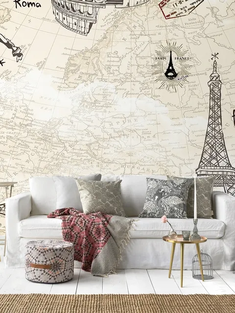 Vintage Map with Eiffel Tower Statue of Liberty Wallpaper Mural