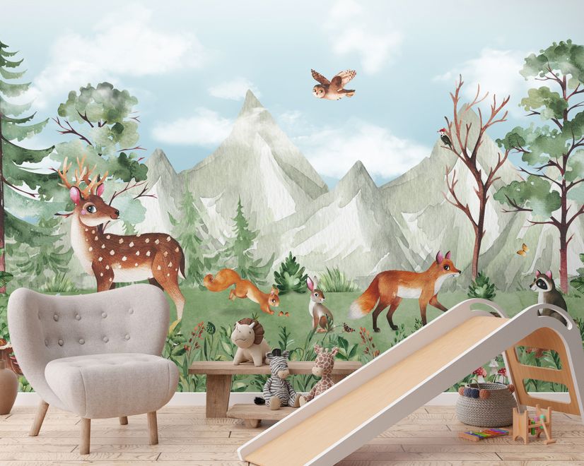 Cute Forest Animals with Kids Mountain Landscape Wallpaper Mural