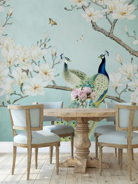 Pfau mit Magnolienblüte Fototapete