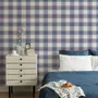 Blue and red plaid wallpaper with denim blue, cream and sky blue woven checks and fine red stripes