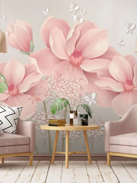 Pink Hdrangea Floral with Little Butterfly Wallpaper Mural