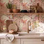 Pink tropical wallpaper with ivory fan palms, orchids, coral blossoms and sage foliage on dusty rose