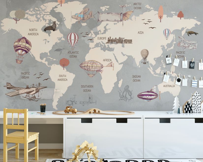 Vintage Kids World Map with Aircraft and Hot Air Balloon Wallpaper Mural