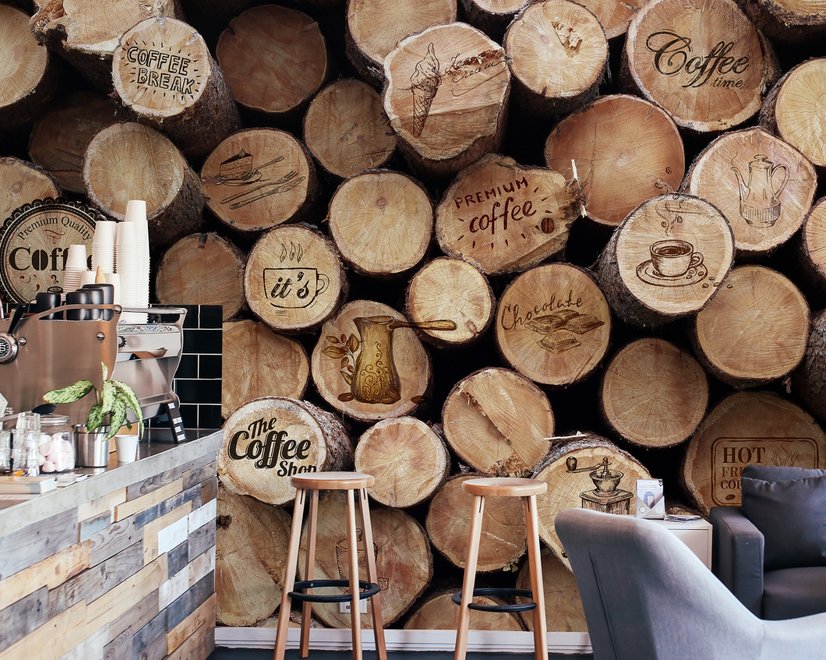 Kaffeeladen mit Holzwand Fototapete