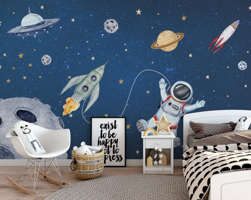 Papier peint panoramique de l'espace avec vaisseau spatial et astronaute pour les enfants