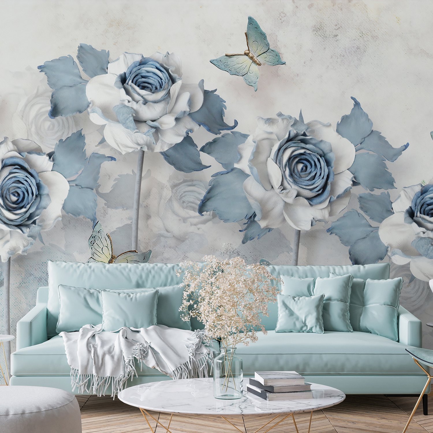 Soft Blue Floral Wallpaper Mural - Peel and Stick