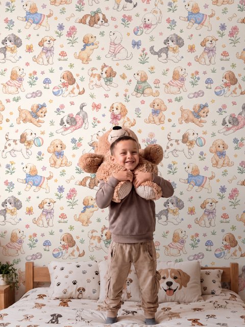Kids Cute Watercolor Floral and  Puppies Wallpaper Mural 
