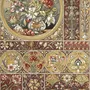 Antique style wallpaper mural with tulip vase medallion, floral tile panels and burgundy borders