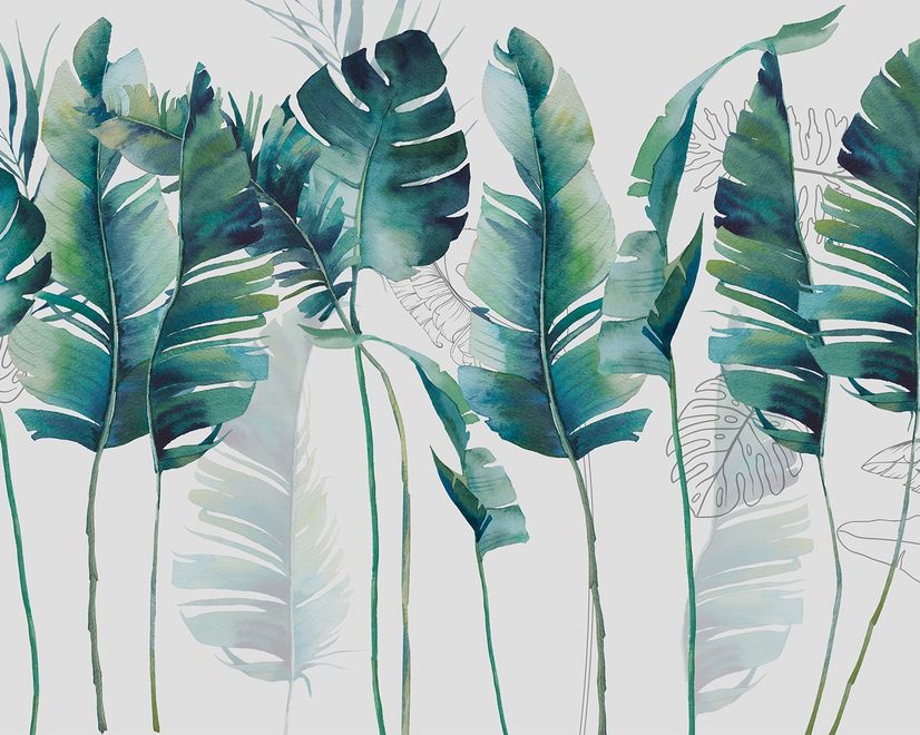 Monochrome Green Banana Leaf Wallpaper Mural