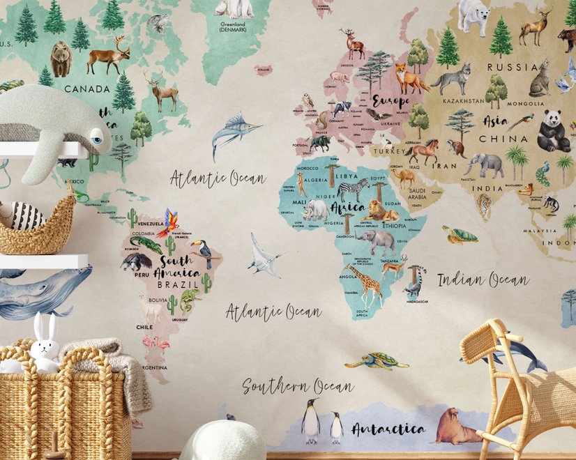 Kids Watercolor World Map Wallpaper Mural
