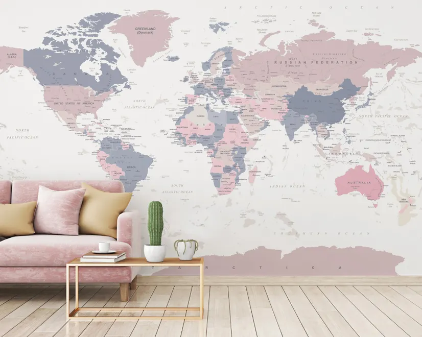 Pink and Purple Political World Map Wallpaper Mural