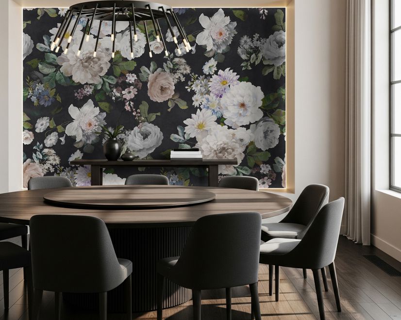 Dark Floral and White Peony Blossoms Wallpaper Mural