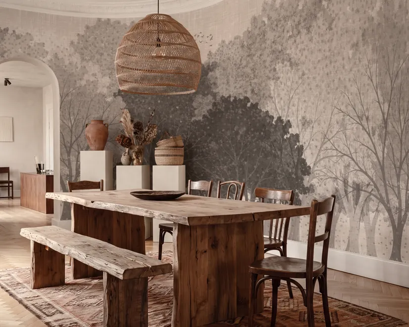 Misty forest nature wallpaper mural in greige, taupe and charcoal watercolour with birds
