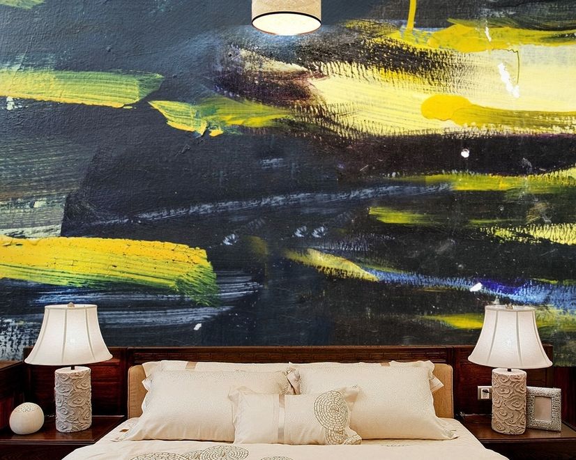 Papier peint panoramique éclaboussures noir et jaune effet peinture à l’huile