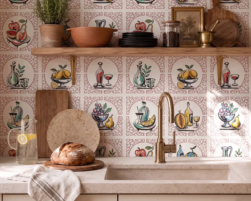 Bar wallpaper with cream tile grid, dusty rose arches, illustrated wine bottles, fruit and café still lifes