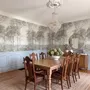 Coastal woodland wallpaper mural with grey trees, sandy path, sea horizon and small white sailboats