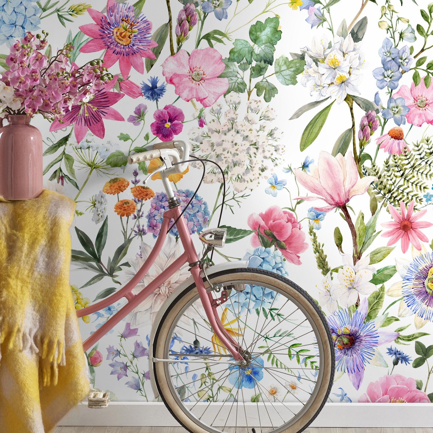 Colorful Spring Pink Wildflowers Wallpaper Mural - Peel and Stick