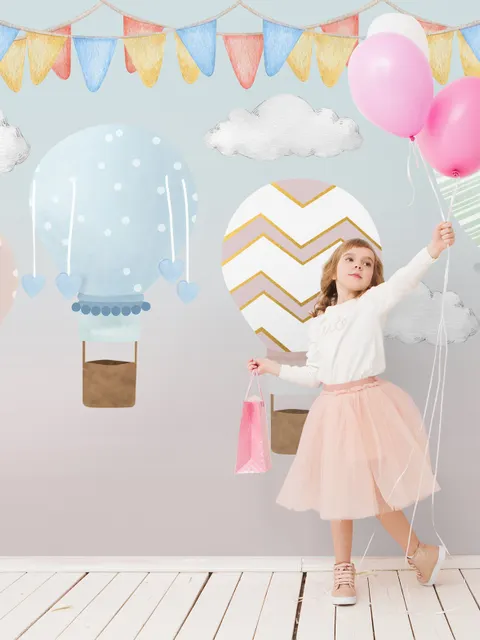 Kids Colorful Hot Air Balloon with Watercolor Flags Wallpaper Mural