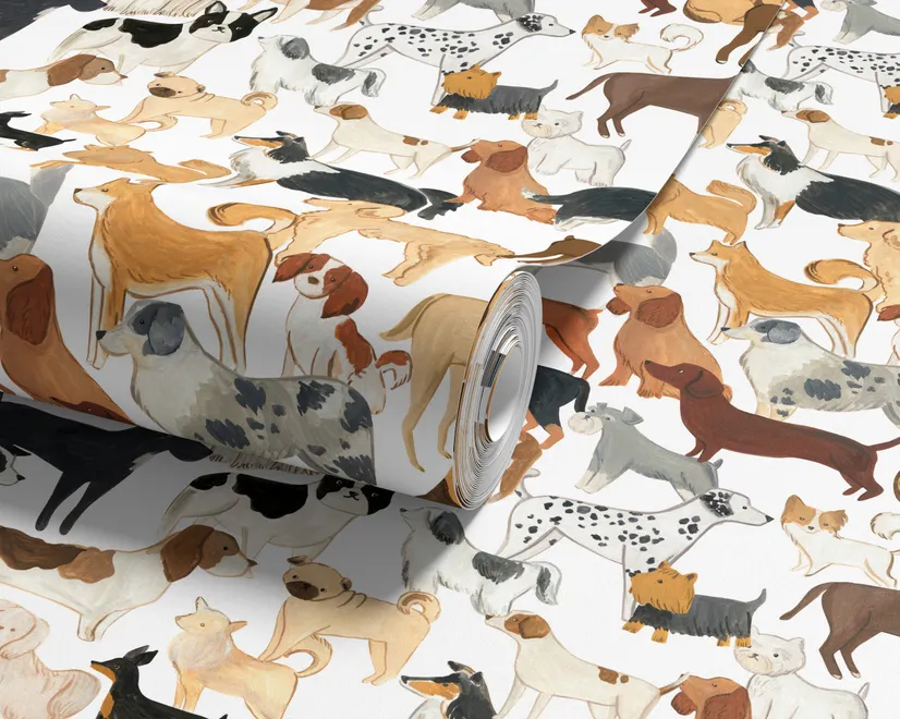 Zoomie kids wallpaper with painted dog breeds in tan, brown, black and grey on white