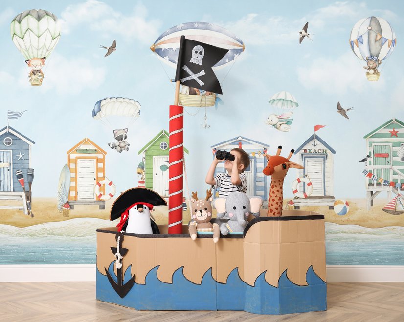Aquarelle maison de plage pour enfants avec montgolfières