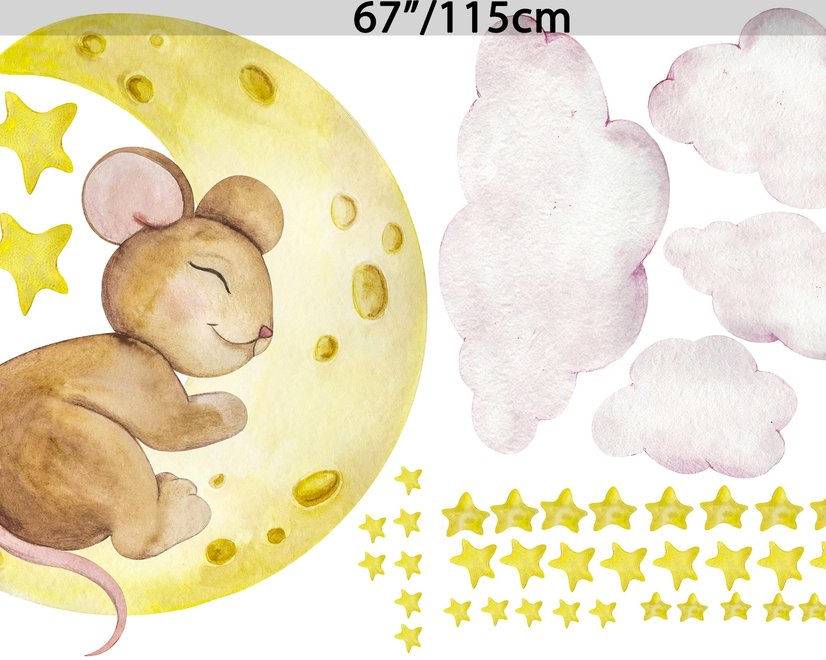 Kinder Niedliche Maus auf dem Halbmond und Aquarell Gelbe Sterne Wandtattoo