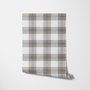 Beige, oat and cream-white plaid wallpaper with fine navy-blue stripes and printed linen texture
