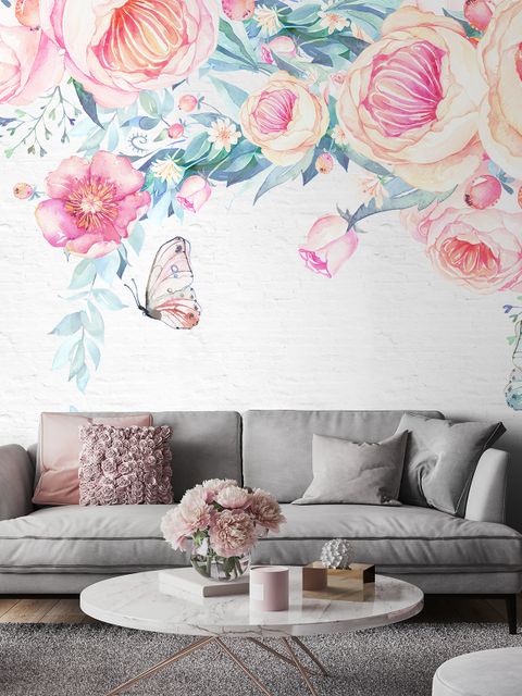 Vintage Aquarell Rosa Blumen Fototapete